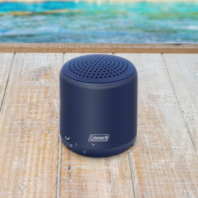 COLEMAN<sup>&reg;</sup> Water Resistant Bluetooth Speaker - Delivers up to 6 hours of your favorite tunes and has a built-in lithium-ion rechargeable battery so you can continue the party after a quick charge. Integrated TWS technology so you can use the speaker by itself or pair it to an additional speaker for a true surround sound experience. It features a 5 watt speaker for a deep, robust and amazing listening experience. Its rugged, water resistant exterior makes it durable and perfect for both indoor and outdoor settings! Item Dimensions : 2.0”L x 1.8”W x 1.8”H. Item Weight:  0.5 lbs.