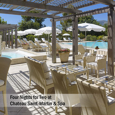 CHÂTEAU SAINT-MARTIN & SPA - Settle into the heart of the Côte d'Azur region during this 4-night stay for 2 guests at this magnificent château and spa. Experience the endless natural beauty where the sea and mountains combine at this 5-star luxury property overlooking the Mediterranean coastline. Enjoy a variety of amenities including tennis courts and a swimming pool, dine at their famous Le Saint-Martin restaurant which has been awarded two Michelin stars or simply explore or relax in these luxurious surroundings. Airfare not included.