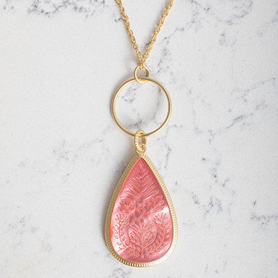 SPARTINA<sup>&reg;</sup> Willa Carved Necklace - Delicately carved pink dyed Mother-of-Pearl Willa Carved Necklace in Matte 18KT Gold Plating. Marvel at the intricate details and shimmery effect. Adjustable lobster clasp, 30 in. length with 4 in. extension. 