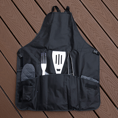ONIVA<sup>&reg;</sup> BBQ Apron Tote Pro Grill Set - This quality grill set is perfect for the grill master in your home. The tote unfolds and converts into a full-sized apron with a deluxe barbecue set stored inside. Stainless steel grilling tools include one of each: large grilling spatula with integrated bottle opener, large fork and tongs, all with hand grasps and hooks on the ends for hanging. The apron tote, made of durable polyester canvas has numerous pockets and also comes with a quilted oven mitt and an adjustable chef's hat. Adjustable crisscross back straps buckle to each side of the apron allowing for maximum comfort. 